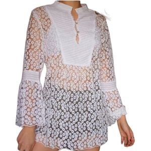 Sundance Women's BOHO White Sheer Floral Bell Sleeve Top Size M